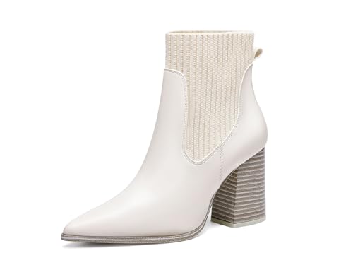 Image of Coutgo Women Ankle Boots Sock Booties Pointed Toe Chunky Stacked High Heel Knit Chelsea Winter Dress Booties