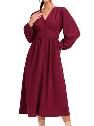 Womens Corduroy Midi Dresses Button Up A Line Puff Sleeve 2025 Wedding Guest Long Dress
