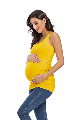 Amposh Women's Maternity Tank Top 3 Pack Ruched Side Sleeveless Pregnancy Basic Shirt(Dusty Blue/Light Coral/Yellow, M) #TOP4