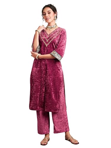 Image of Women Velvet Embroidered Straight Kurta