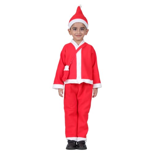 Image of ITSMYCOSTUME Santa Claus fleece dress for Christmas in red and white colour for kids. Complete costume set includes jacket, pant, hat, candy pouch /bag for Boys & Girls