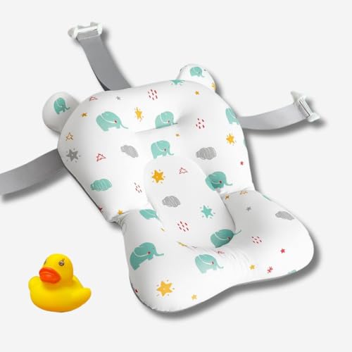BATHBY | Cojín para Bañera de Bebé – Soporte Recién Nacido, Asiento Ergonómico, Ajustable y Portátil con Malla Antideslizante, Almohada Reductora, Hamaca de Ducha + Patito de Goma (Elefantes)