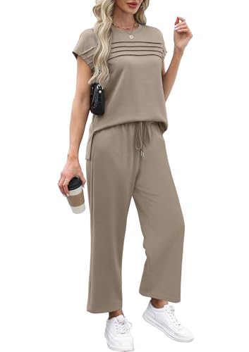 WIHOLL Two Piece Sets for Women Summer Travel Vacation Outfits Cap Sleeve Lounge Matching Sets Wide Leg Pants S-3XL4