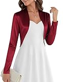 Belle Poque Women Long Sleeve Bolero Shrug Open Front Satin Jacket Ruffled Shrugs for Evening Dresses Formal Wine Red S