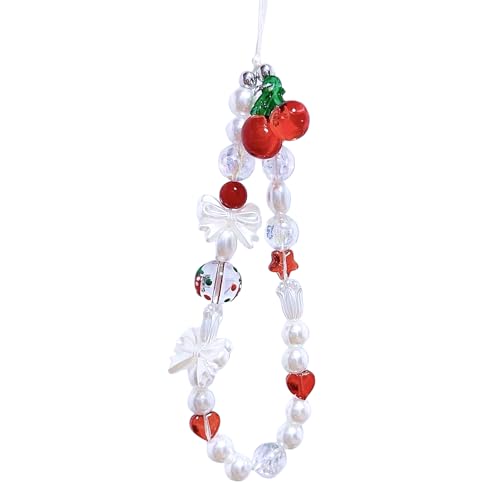 Beaded Camera Wrist Strap Cute Pearl Digital Camera Charm Lanyard, Phone Wristlet Charms, Beaded Camera Chain for Phone, Bag, Keychain Accessories (Cherry)