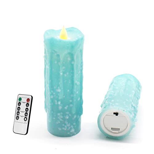 Image of CVHOMEDECO. Real Wax Hand Dipped Battery Operated LED Pillar Candles with Remote Control, Primitives Country Flickering Dancing Flame Lights Decor, H 6 & 5 Inch, Set of 2 (Teal) | Hand Dipped, Battery Operated, Flickering Dancing Flame, H 6 & 5 Inch, Primitives Country Decor