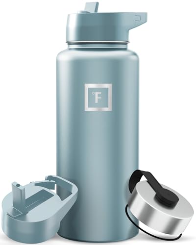 IRON °FLASK Camping & Hiking Hydration Flask with Straw, Wide Mouth Insulated Stainless Steel Sports Water Bottle - 32 oz Elemental Gray