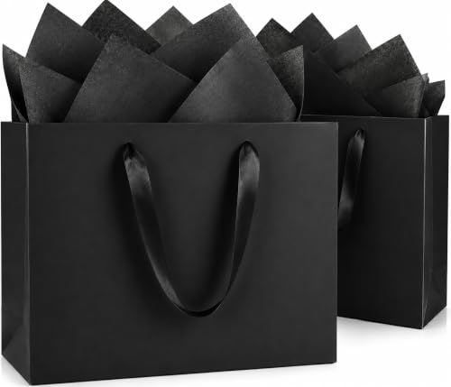 GEGIBOA Extra Large Black Gift Bags 15x6x12 with Handles 2 Pack Paper Gift Bags with Tissue Paper Reusable Large Gift Bags for Fathers Day Birthdays Weddings Christmas Graduation Business Gifts
