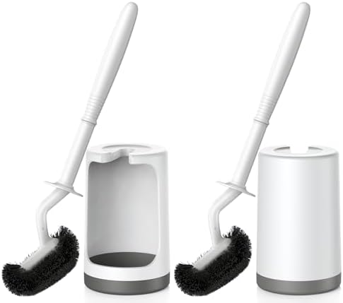 HAMITOR Toilet Bowl Brush Holder Set: Curved Design with Holder for Deep Cleaning Under Rim – Compact Hidden Scrubber for Small Space – Modern RV Bathroom Accessories – 2 Pack