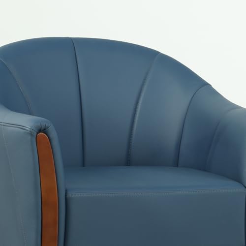 Image of 360 Swivel Accent Chair, Modern Leather Barrel Club Chair with Leather Upholstery and Sturdy Wood Base, Comfortable Armchair for Living Room, Bedroom, Reading Nook, Blue