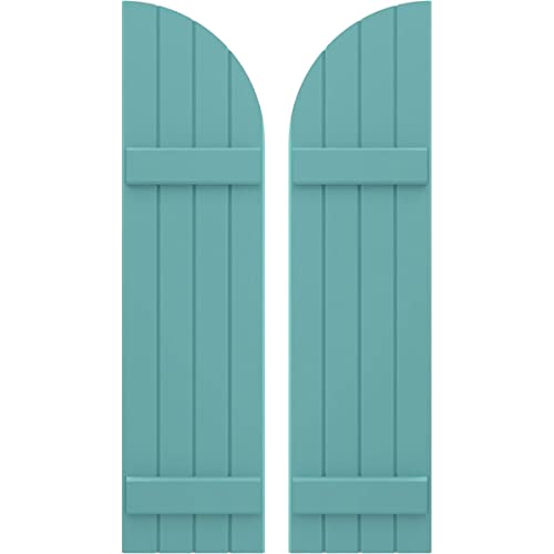 14"W x 65"H Americraft Four Board (2 Batten) Joined Exterior Real Wood Joined Board-n-Batten Shutters w/Arch Top (Per Pair), Pure Turquoise