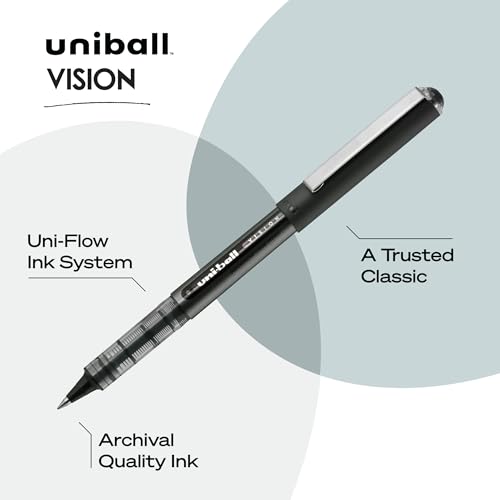 Image of Uniball Vision Rollerball Pen - 12 Pack, Black Pens, 0.5mm Micro Tip Size - Smooth Writing Japanese Pens, School Supplies