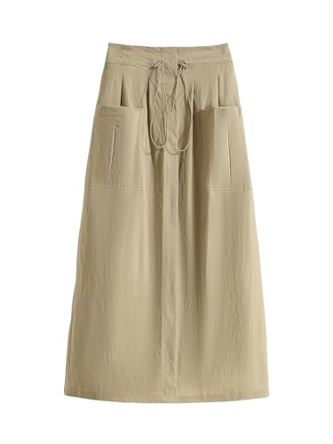 ebossy Vintage Cotton Cargo Skirts for Women Casual Drawstring Back-Elastic Waist Pencil Long Skirt with Pockets