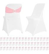 50 Sets Stretch Spandex Folding Chair Cover White and Chair Sashes with Buckle Slider Chair Bands...