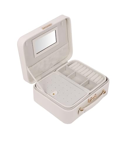 Image of BUCKETLIST PU Leather Jewellery Organizer Box with Mirror & Necklace Hooks | Large Multi-Compartment Jewelry Storage Case with Removable Tray & Mini Travel Box (Luxury Jewelry Box with Mirror (White)