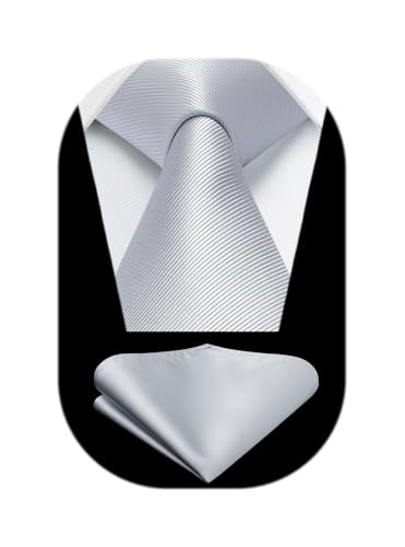 HISDERN Mens Ties Silver Ties for Men Grey Necktie with Pocket Square Set Formal Satin Silk Plain Solid Gray White Tie Handkerchiefs for Wedding Neck Tie Set