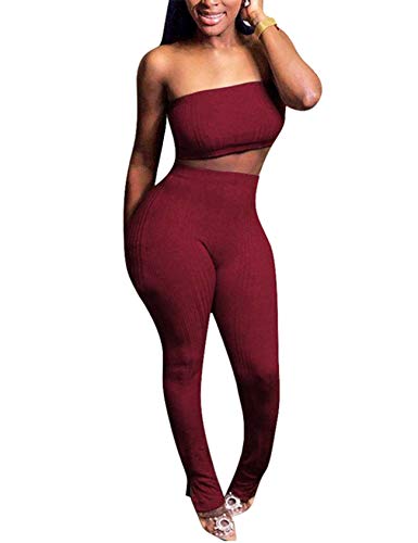 Bestgift Conjunto de 2 peças de top e calça, Wine Red, XS