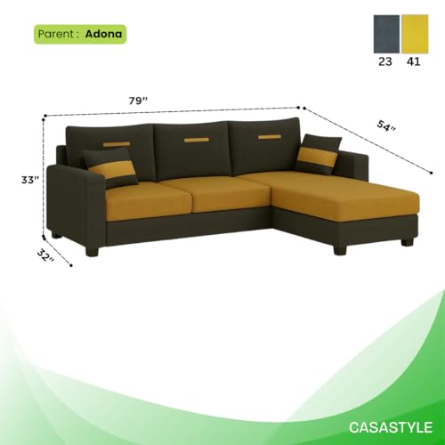 Image of CASASTYLE Dreamon 4 Seater Fabric RHS L Shape Sofa Set (Yellow-Dark Grey) | Velvet Finish | Comfortable Sectional Sofa for Living Room