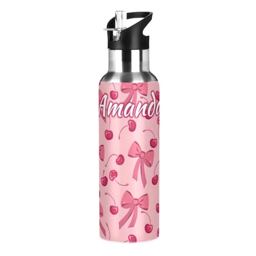 Custom Bow Cherry Pink Water Bottle Kids Thermos Personalized Name Bottle Girls Boys Insulated Stainless Steel Water Flask Jug with Straw Lid 20 oz