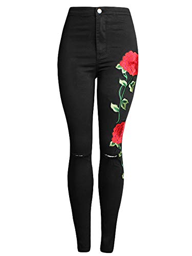JIER Damen Jeans Rosen Stickerei Zerrissen Ripped Jeanshosen Elegant Stretch Slim Fit Denim Hose mit Hohe Taille Hosen Bleistifthosen Bleistift Jeanshose (Schwarz,XXL,XXL) JIER Damen Jeans Rosen Stickerei Zerrissen Ripped Jeanshosen Elegant Stretch Slim Fit Denim Hose mit Hohe Taille Hosen Bleistifthosen Bleistift Jeanshose (Schwarz,XXL,XXL)