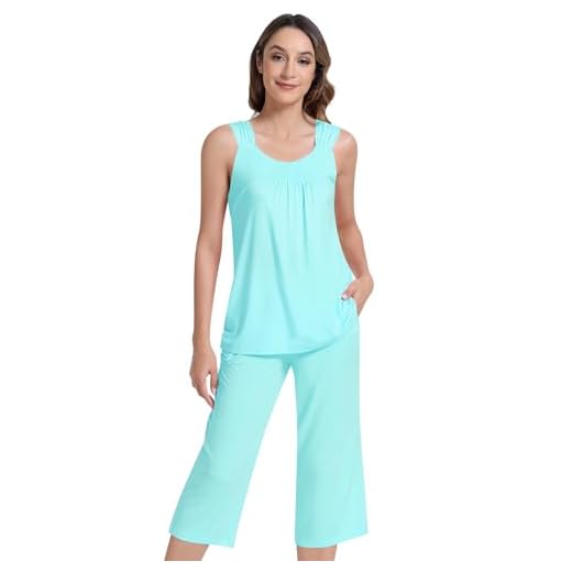 NACHILA Pajamas for Women-Viscose Made from Bamboo, Sleeveless Pjs Top and Capri Pants Pajama Set Cool Pleated Sleepwear Aqua Green X-Large