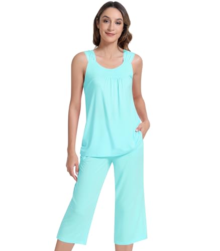 Image of NACHILA Pajamas for Women-Viscose Made from Bamboo, Sleeveless Pjs Top and Capri Pants Pajama Set Cool Pleated Sleepwear