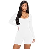 MKQW Women's Yoga Jumpsuits One Piece Ribbed Workout Rompers Square Neck Long Sleeve Exercise Jumpsu