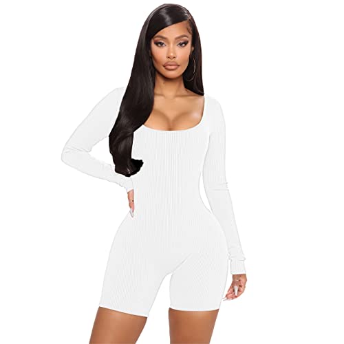 Mkqw Women's Yoga Jumpsuits One Piece Ribbed Workout Rompers Square Neck Long Sleeve Exercise Jumpsuits Romper White L #TOP4