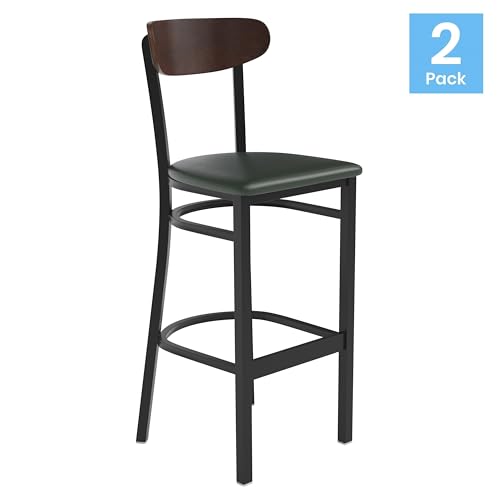 Image of Flash Furniture Wright Set of 2 Commercial Barstools - Walnut Wood Boomerang Back - Green Vinyl Seat - 500 LB. Capacity Black Steel Frame - Integrated Footrest