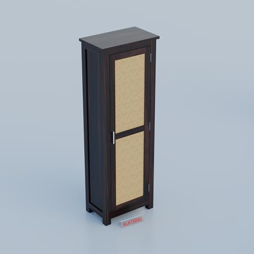 Image of Solid Sheesham Wood Wardrobe with Cane Panel Door | Single Door Wooden Storage Cabinet | Modern Tall Cupboard for Bedroom & Living Room (Walnut Finish)