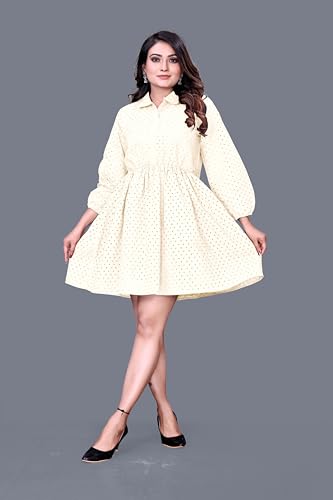 Image of Women's Cotton Self Design Chicken Work Midi Dress for Women | One Piece Dress for Women