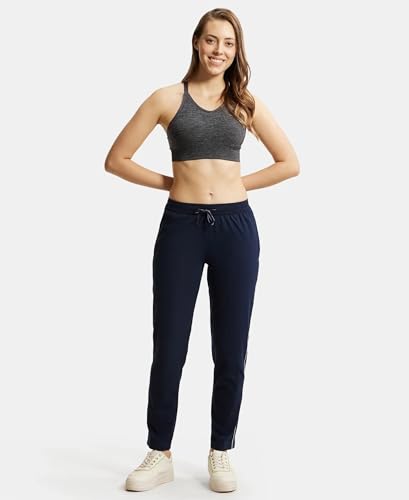 Image of Jockey 1305 Women's Super Combed Cotton Rich Relaxed Fit Mid Rise Trackpants with Contrast Side Piping and Pockets
