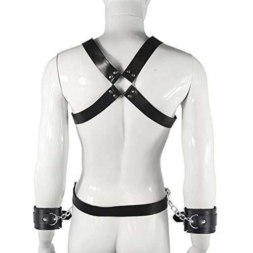 Herren Punk Body Brust Harness Männer Leder Geschirr mit Handschellen & Penisring,Gothic Männer Kleidung Bandage Kostüme Herren Sexy Sklave Clubwear,BDSM Fesseln Sexspielzeug für Paare Extrem Sex
