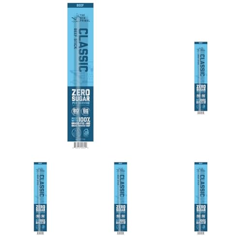 The New Primal Classic Beef Meat Stick, Whole30 Approved, Paleo, Keto, Pantry Staple, Certified Gluten Free, Low Carb, High Protein Snack, Sugar Free, Grass-fed Beef, 1 Oz, 1 Ounce (Pack of 5)