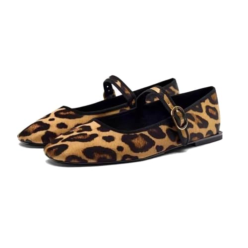 Women's Fashion Leopard Print Flats Buckle Strap Mary Jane Flats Ballerina Shoes Drese Shoes Square Toe Outdoor Casual Slip On Shoes for Women
