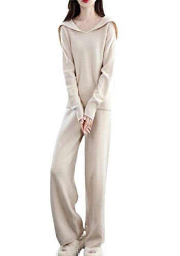 Suéter grande con solapa de dos piezas para mujer de cachemira de lana para otoño e invierno, pantalones de pierna ancha de moda, beige, XL