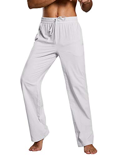 Image of PASLTER Mens Cotton Linen Pants Casual Summer Beach Pants Dress Trousers | Loose Fit, Elastic Drawstring Waist, Lightweight, Straight-Legs, Slacks, Yoga, Work, Vacation, Quick Dry