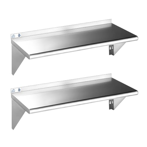 ROCKPOINT Stainless Steel Shelf 14 x 36 Inches 330lb, 2 Pack NSF Metal Commercial Shelves Wall Mount Floating Shelving with Backsplash for Restaurant, Kitchen, Home and Hotel, Silver