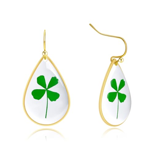 Jayden Earrings for Women - Lucky Four Leaf Clover Real Pressed Flower Earrings,Handmade Unique Resin Perfect for Parties or Gifting(Gold)