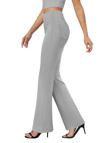 Womens Bootcut Dress Pants Business Casual Work Pants with Pockets High Waist Stretchy Trousers Pull On Office Slacks Light Grey