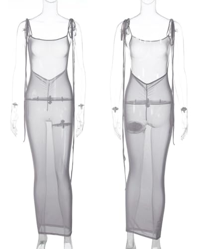 Image of Suillty Women Mesh Sheer Spaghetti Strap Long Maxi Dress Sexy Sleeveless Backless Beach Swimsuit Cover Ups Party Club Dresses
