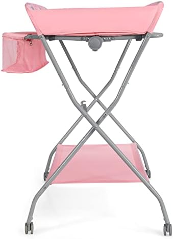 Maxmass Baby Diaper Table, Folding Infant Changing Station with 4 Wheels, Storage Shelf & Basket, Newborn Bath and Massage Organizer for 0-12 Months (Pink)