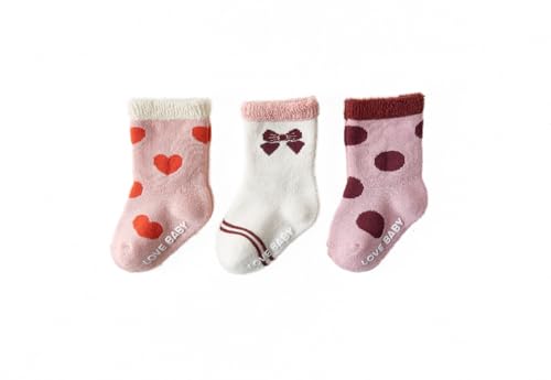 Nemo Baby Girl Thick Terry Warm Cotton Crew Socks, Heart and Bow Pattern, 3 Pairs, Pink and White 1-5years