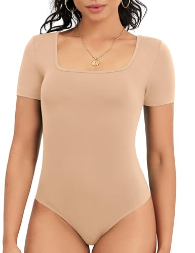 DSPSAM Bodysuits for Women Casual Tummy Control Nude Square Neck Short Sleeve Dating Night Tank Tops for Teen Girls (Nude Medium)
