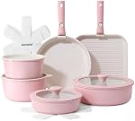 SENSARTE 17 Piece Ceramic Pots and Pans Set, Nonstick Detachable Handle Cookware, Induction Kitchen Cookware Set with Removable Handle, Dishwasher & Oven Safe (Pink)