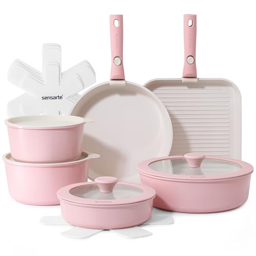 SENSARTE 17 Piece Ceramic Pots and Pans Set, Nonstick Detachable Handle Cookware, Induction Kitchen...