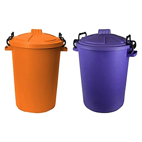 M1SS (Set of 2) 50 Litre Orange and Purple Heavy Duty Plastic Clip Lock Lid Bin Indoor or Outdoor Rubbish, Waste or Storage of Animal Feed Cover