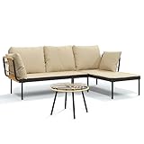 Massbinet Ecksofa mit kleinem Gartenmöbel Garten Lounge Set runden Tisch Beige