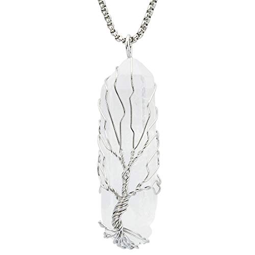 Nupuyai Tree of Life Wrapped Natural Stone Pendant Necklace, Reiki Healing GemstoneJewelry Fit