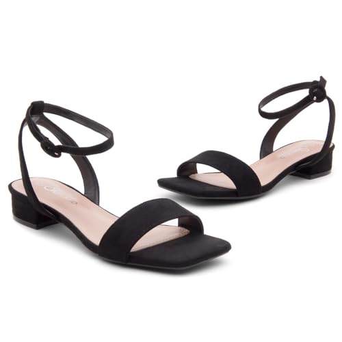 Image of Shoe Land Low Heels for Women 1 Inch Chunky Block Heeled Sandals Square Open Toe Strappy Ankle Strap Dressy Sandals for Wedding Prom Party Office